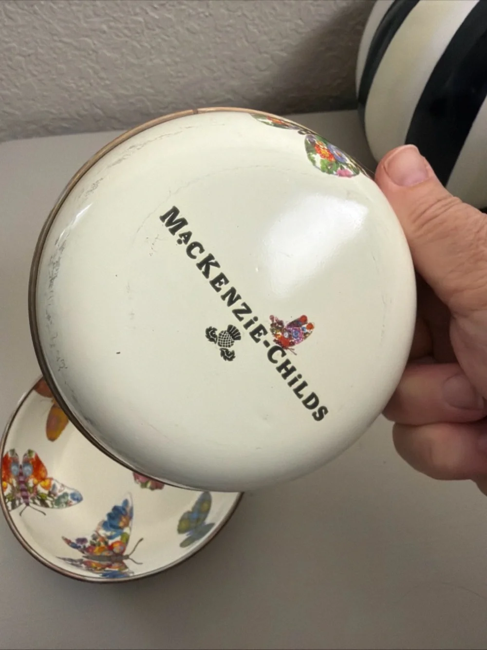 Mackenzie Childs Set of 2 White Butterfly 4.5 inch Dipping Bowls Enamel